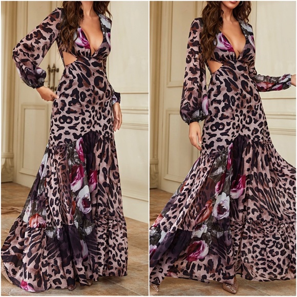 Boho Leopard Print Floral Cut out Puff Sleeve Ruffle Maxi Dress - Picture 2 of 4